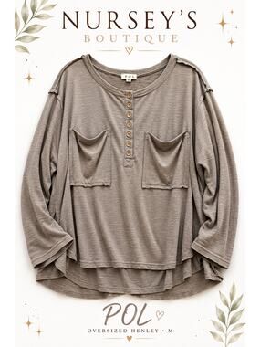 POL Oversized Taupe Henley Pocket Top Slub Knit High Low Medium Boho
